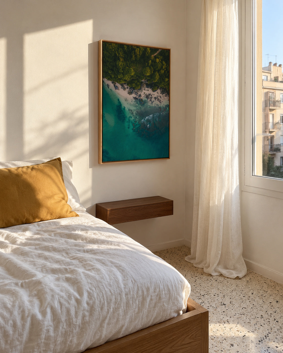 Rocky seaside airview - Framed canvas in an interior