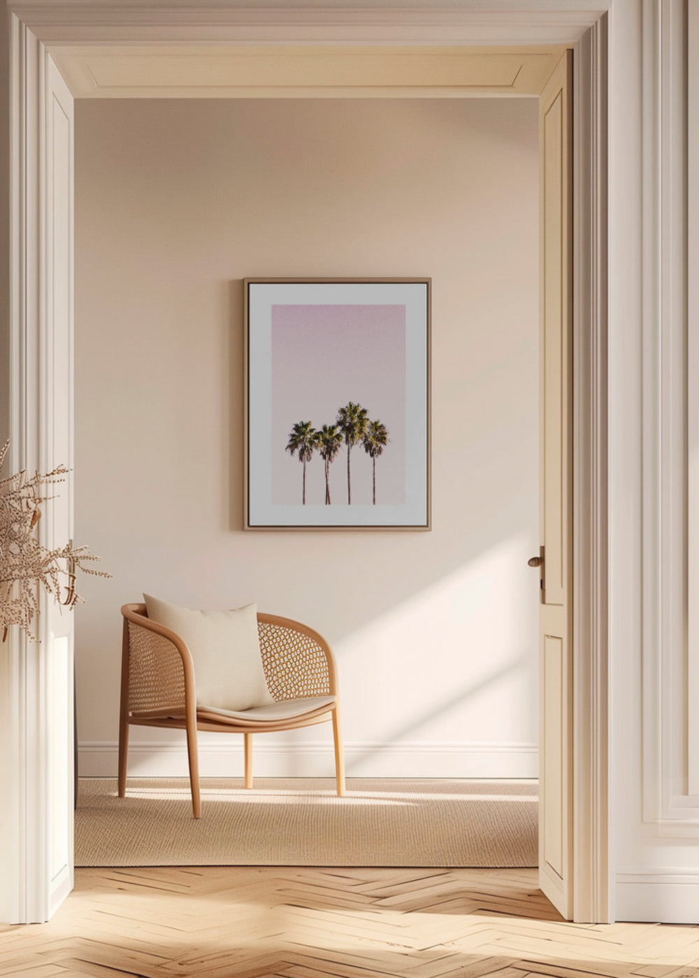 Botanisk poster: palmer mot rosa himmel