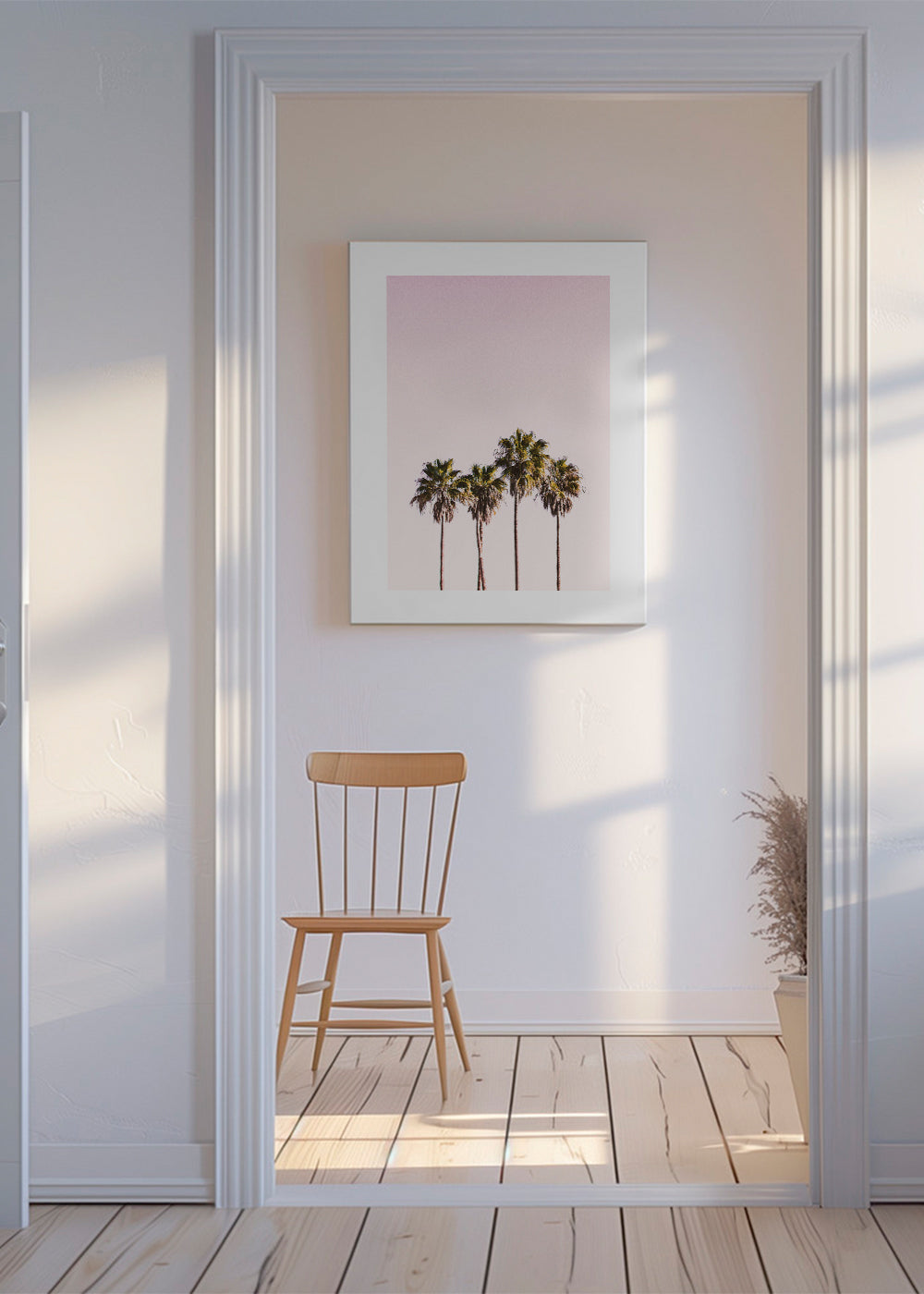 Botanisk poster: palmer mot rosa himmel