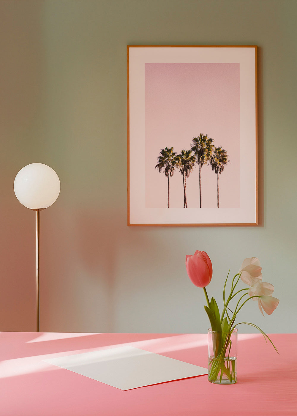 Botanisk poster: palmer mot rosa himmel