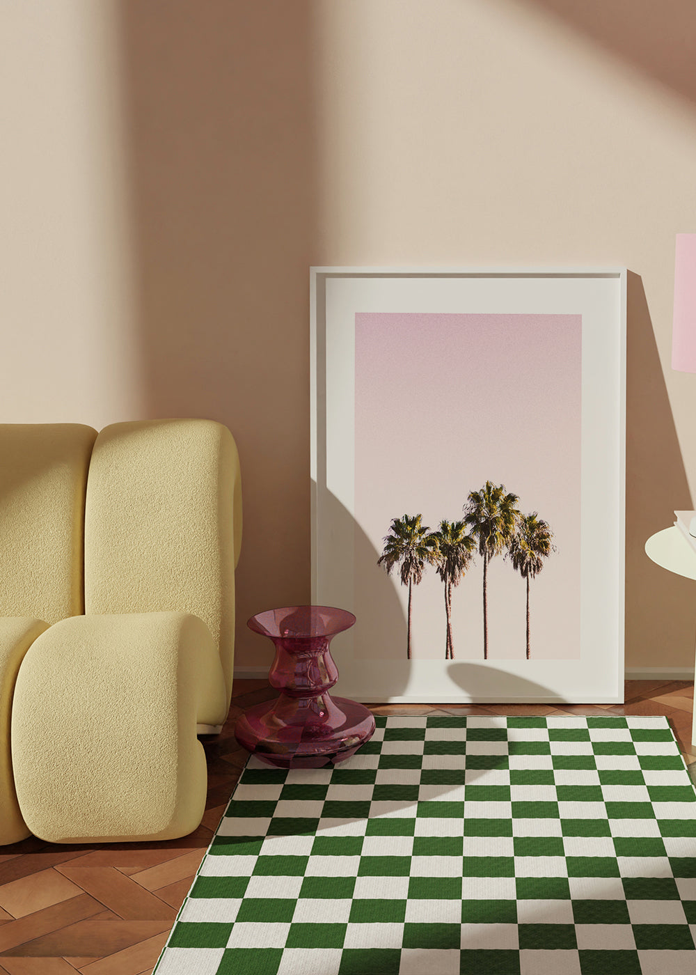 Botanisk poster: palmer mot rosa himmel