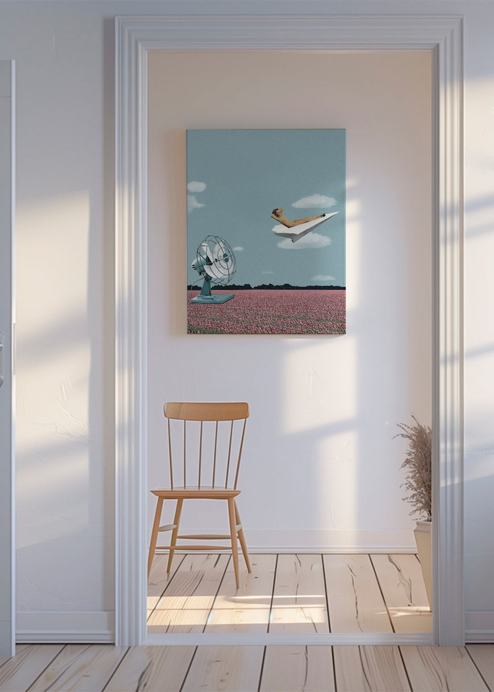 Illustration pappersflygplan över rosa fält