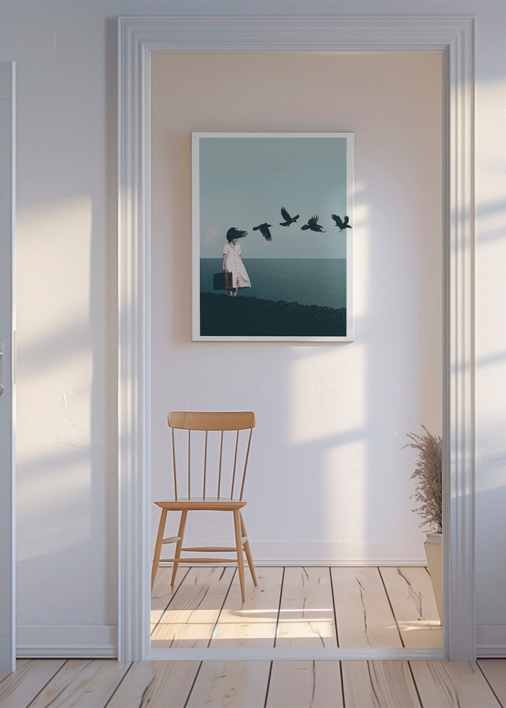 Landskapstryck: resenär med fåglar vid havet