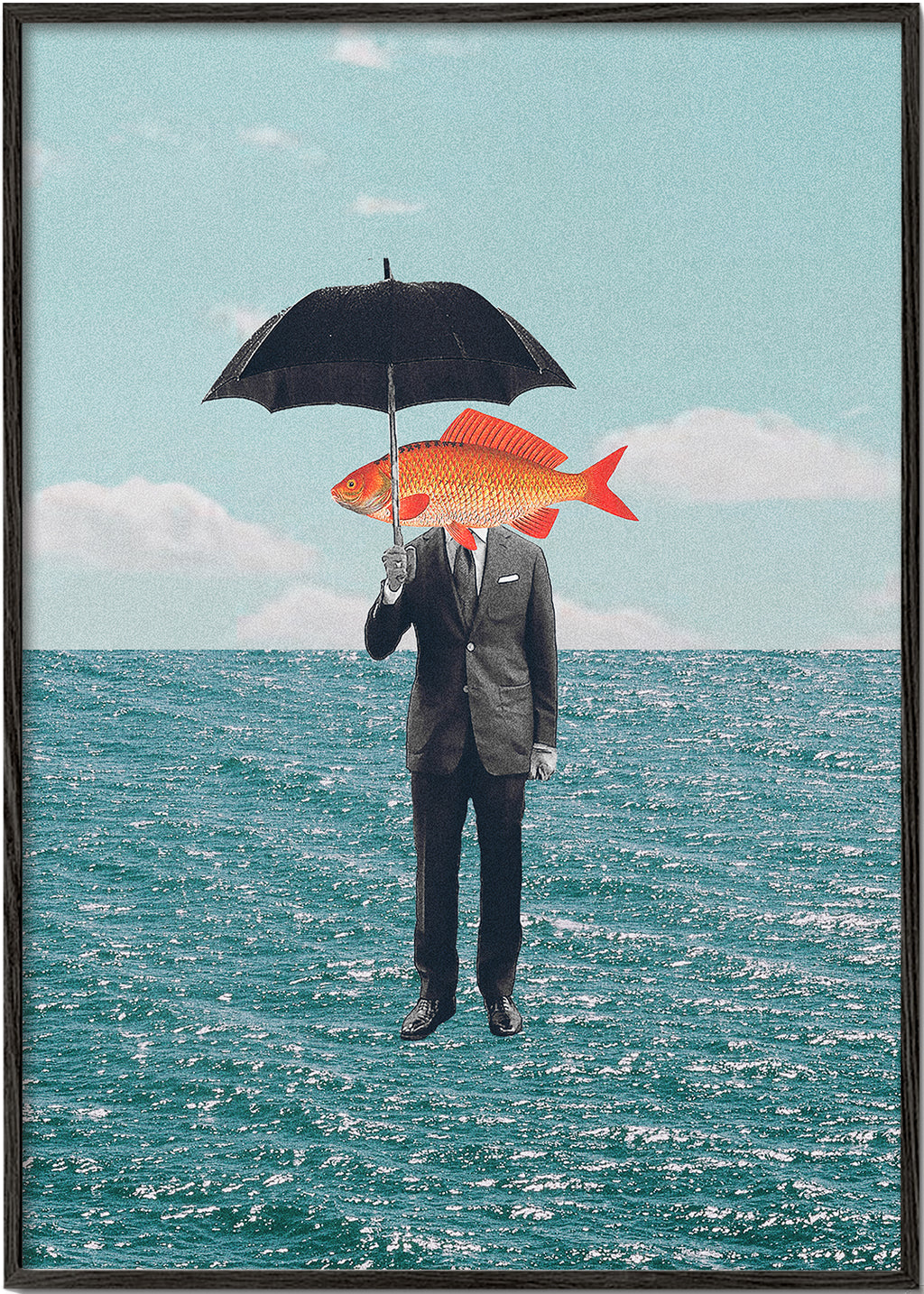 Abstrakt konstverk med figur, fisk och paraply