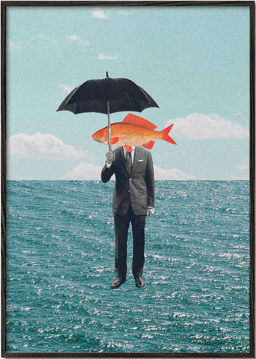 Abstrakt konstverk med figur, fisk och paraply