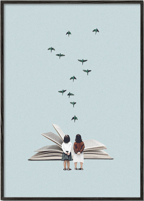Illustration med barn och fåglar på öppen bok