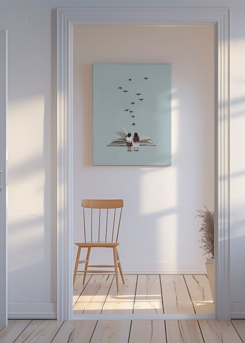 Illustration med barn och fåglar på öppen bok