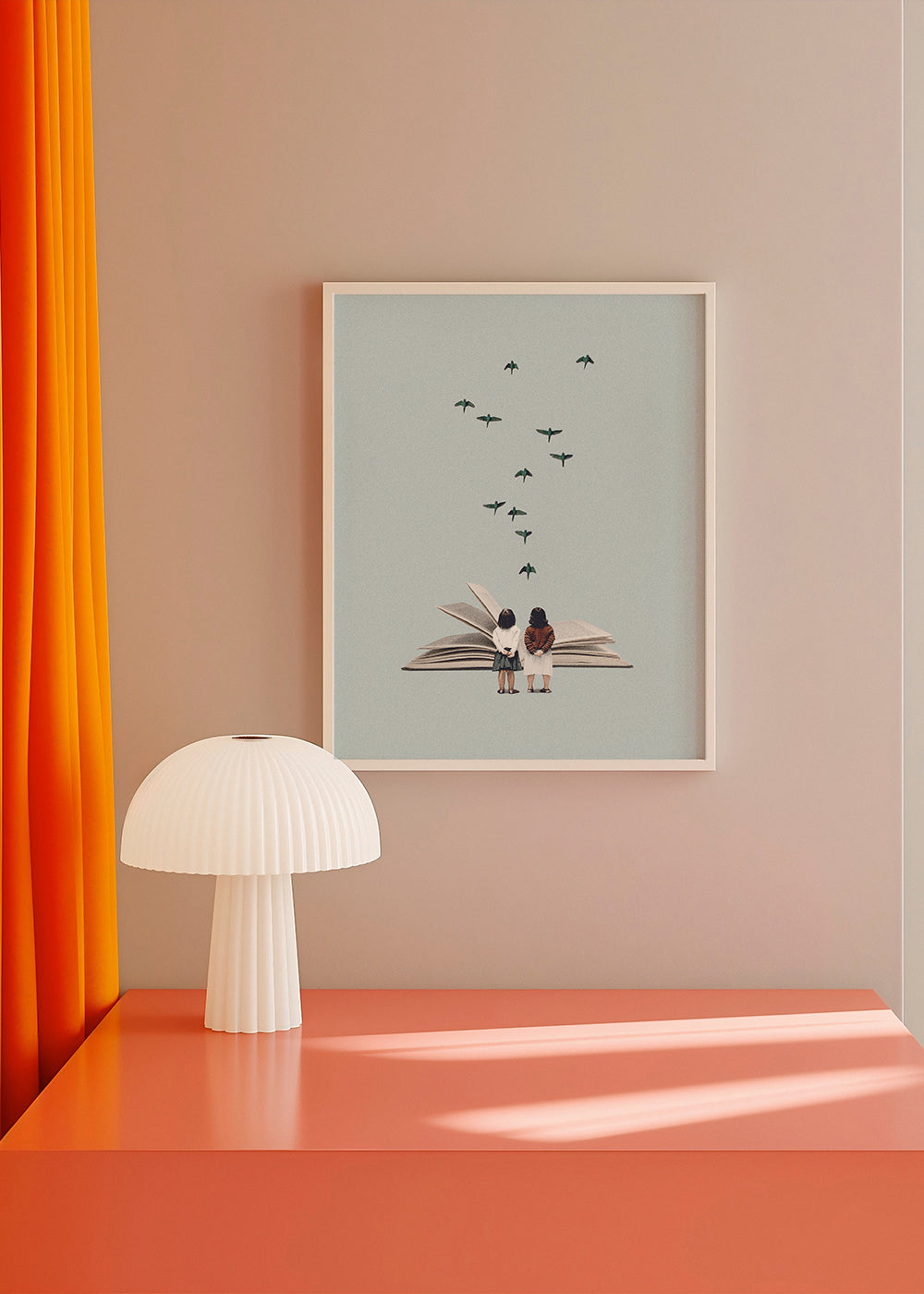 Illustration med barn och fåglar på öppen bok