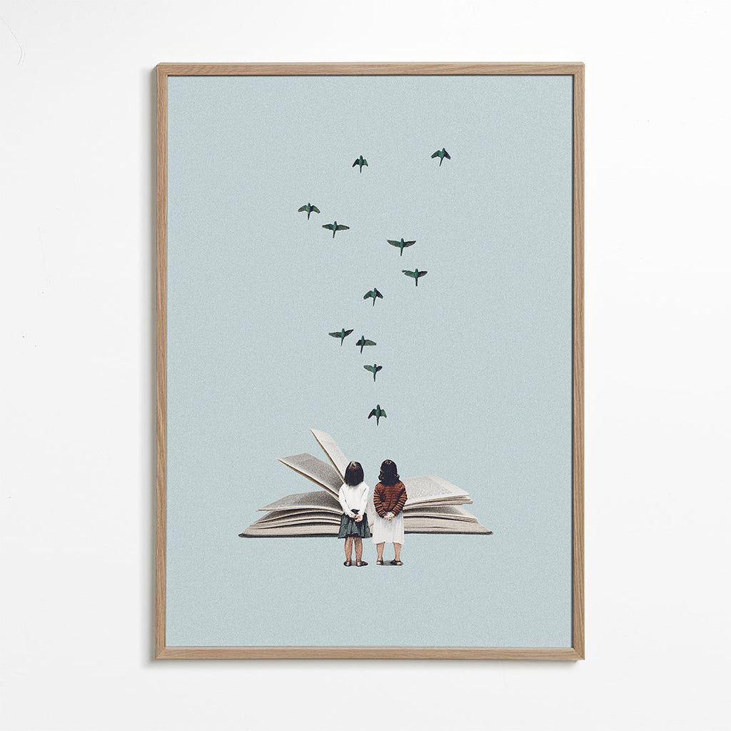 Illustration med barn och fåglar på öppen bok