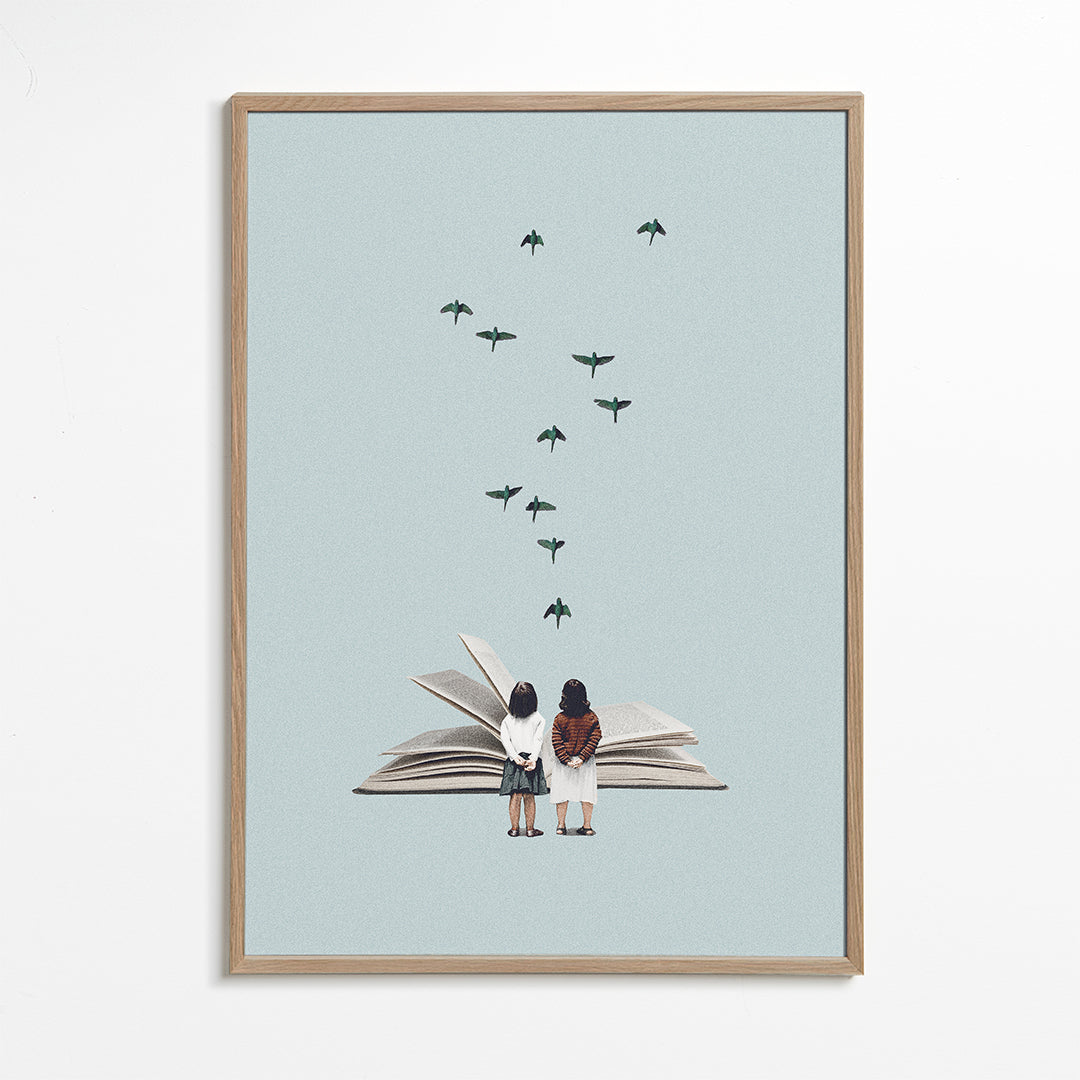 Illustration med barn och fåglar på öppen bok
