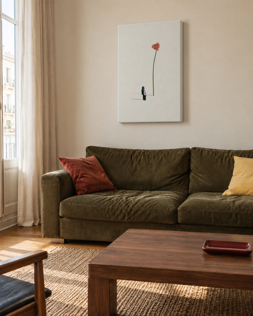 A quiet friend - Unframed canvas in an interior