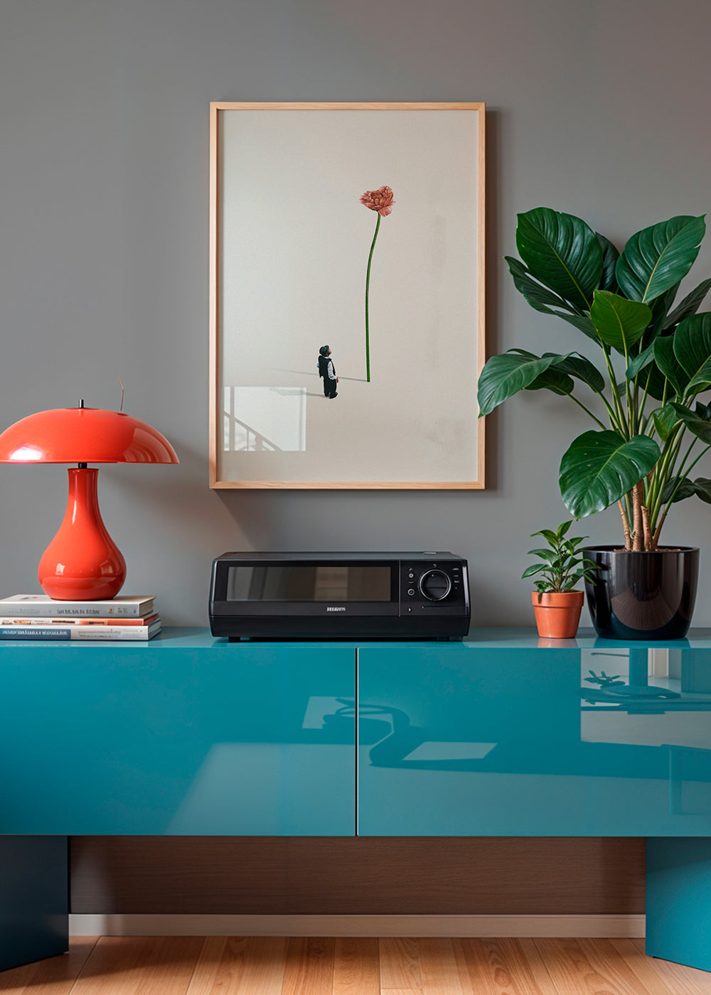 Botanisk poster med jätteblomma och liten gestalt