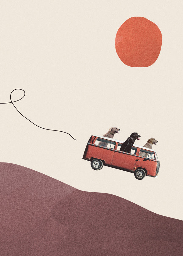Tavla röd buss med hundar på minimalistisk kulle