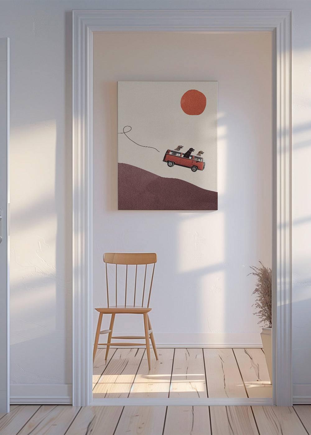 Tavla röd buss med hundar på minimalistisk kulle