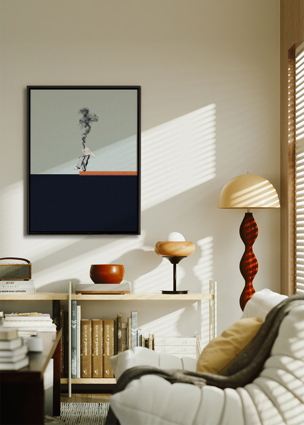 Minimalistisk tavla med rökande figur