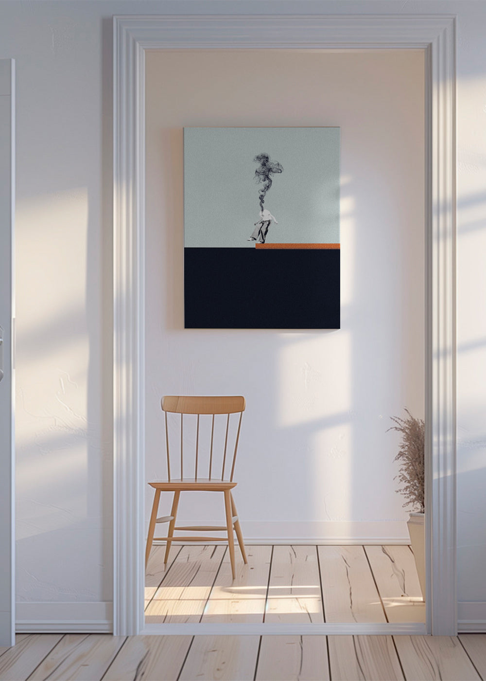 Minimalistisk tavla med rökande figur