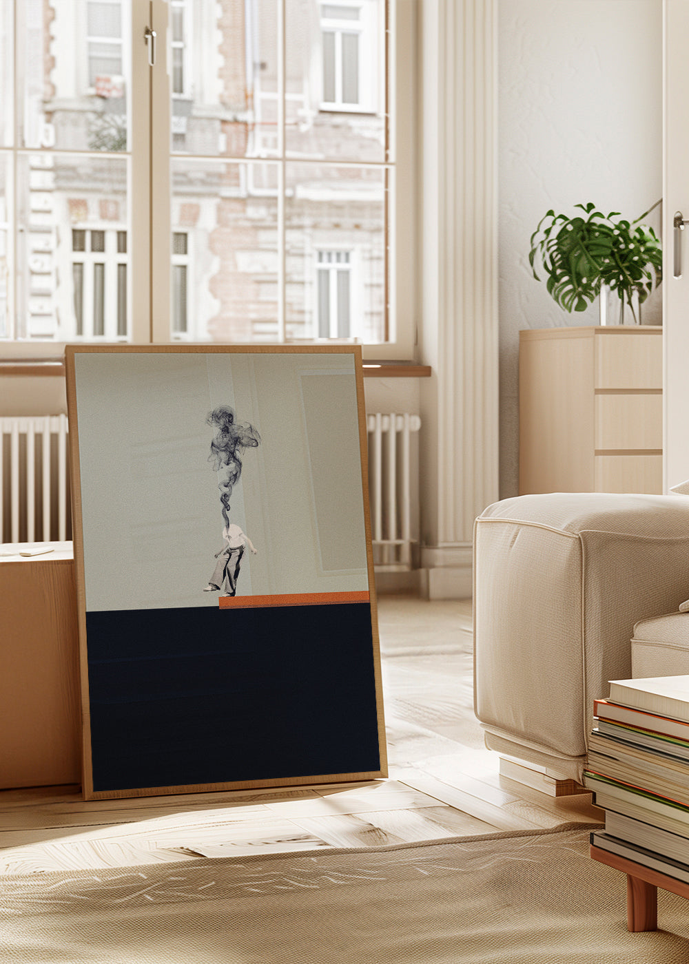 Minimalistisk tavla med rökande figur