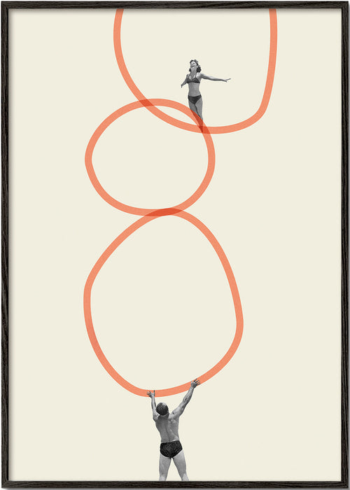 Minimalistisk konst med figurer och orange ringar