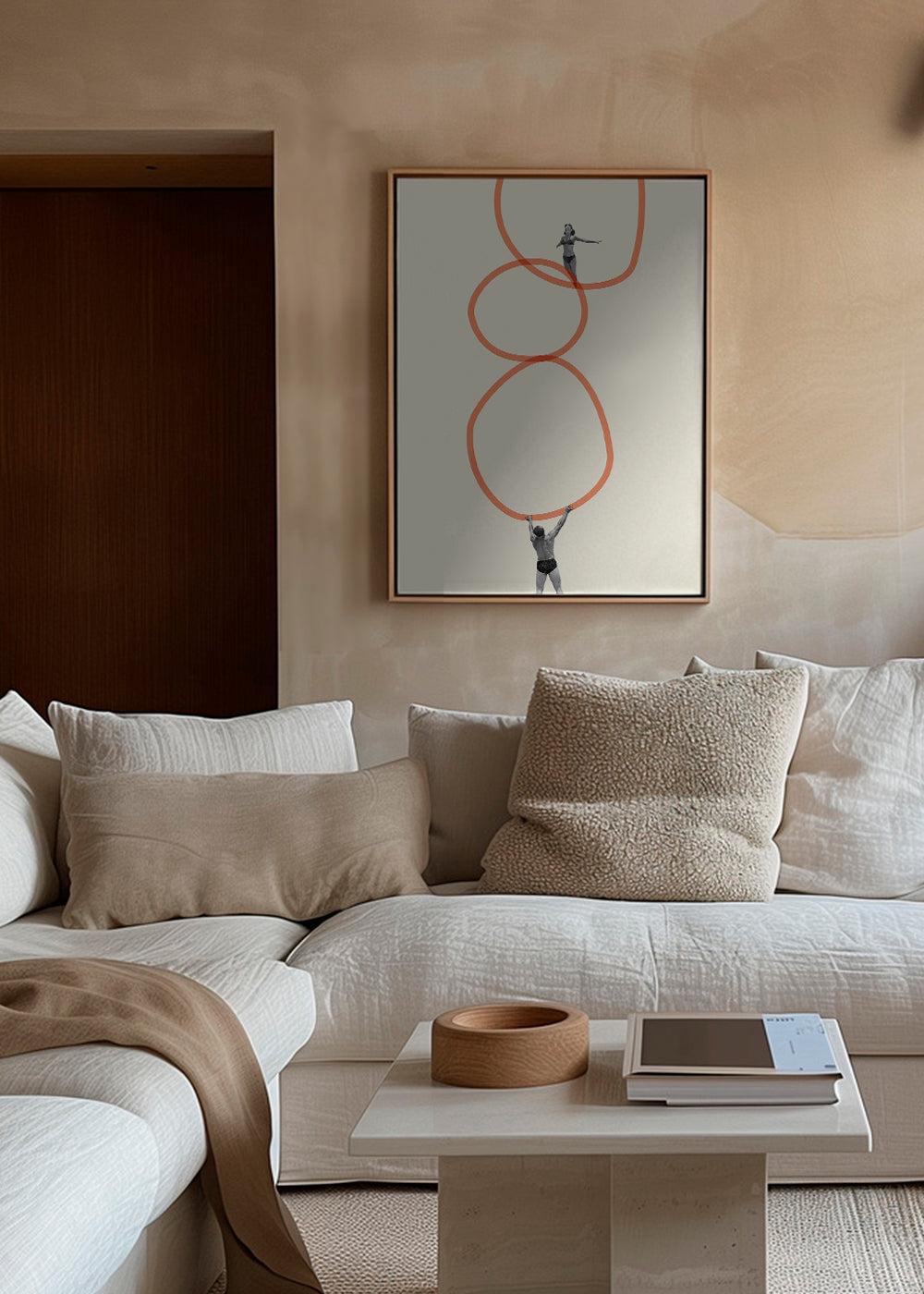 Minimalistisk konst med figurer och orange ringar