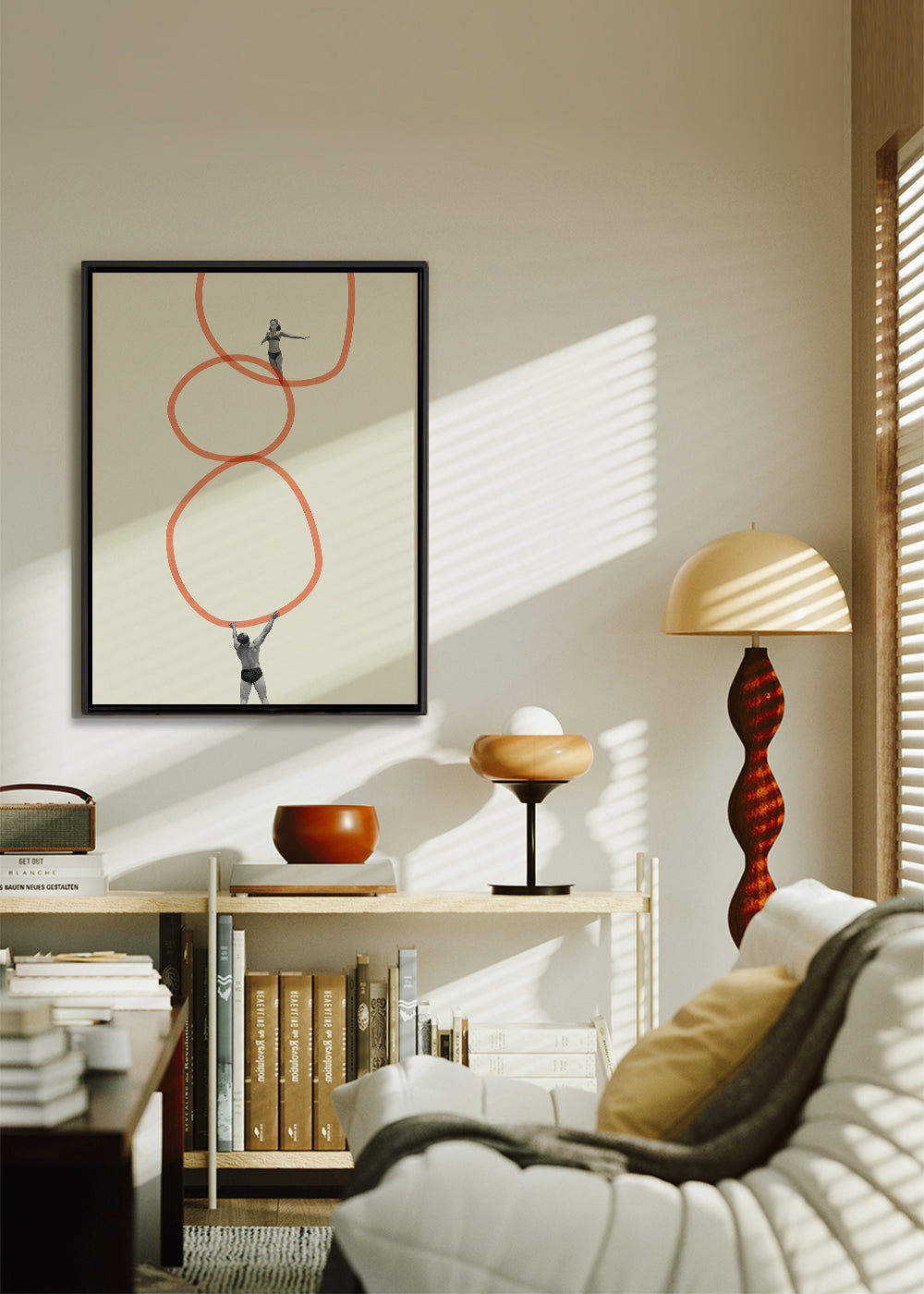 Minimalistisk konst med figurer och orange ringar