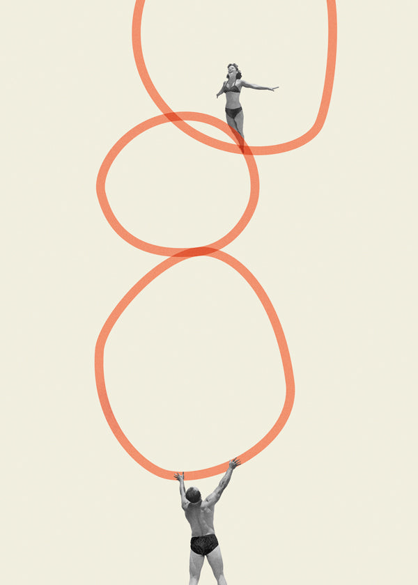 Minimalistisk konst med figurer och orange ringar
