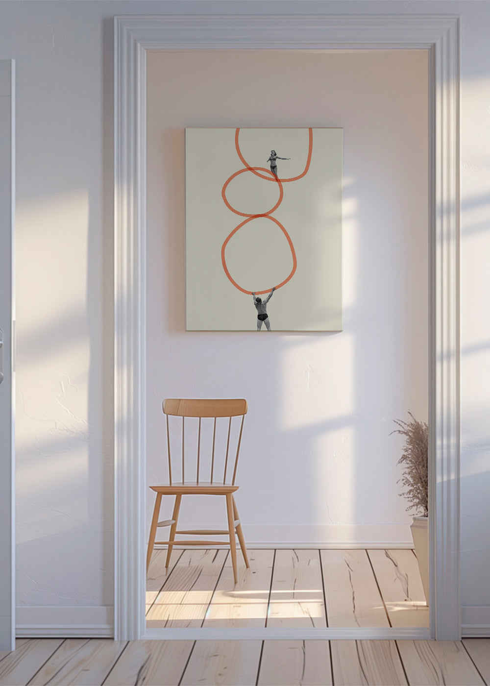 Minimalistisk konst med figurer och orange ringar