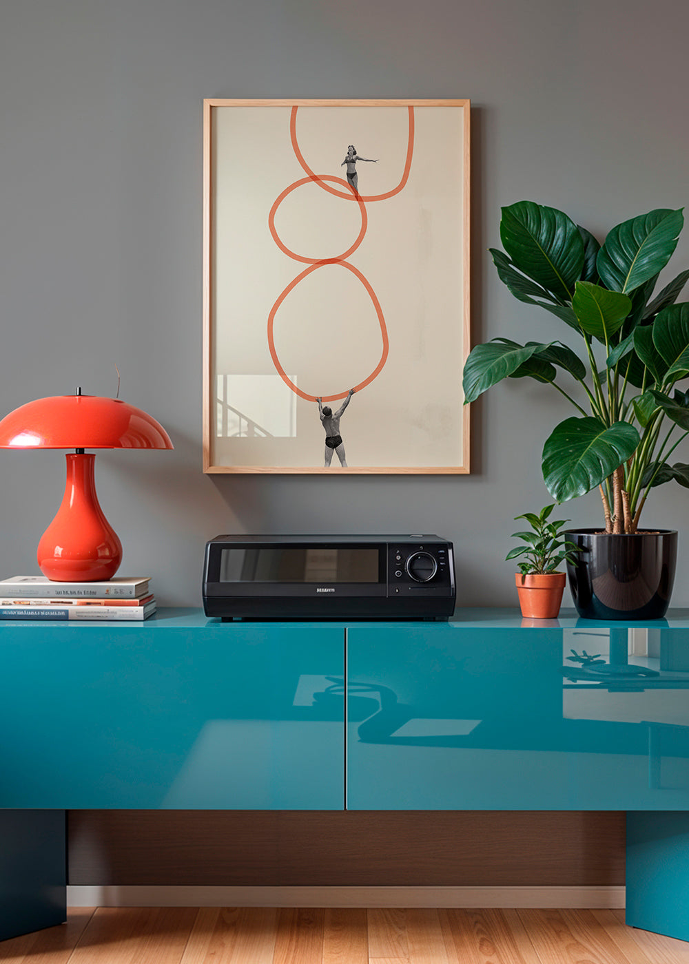 Minimalistisk konst med figurer och orange ringar