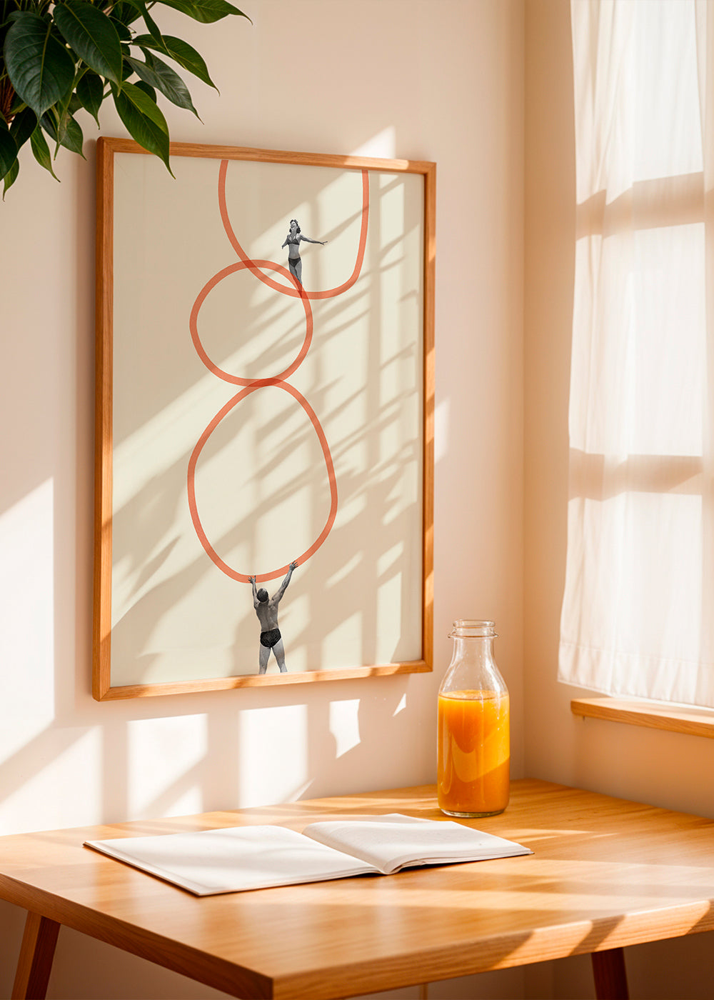 Minimalistisk konst med figurer och orange ringar