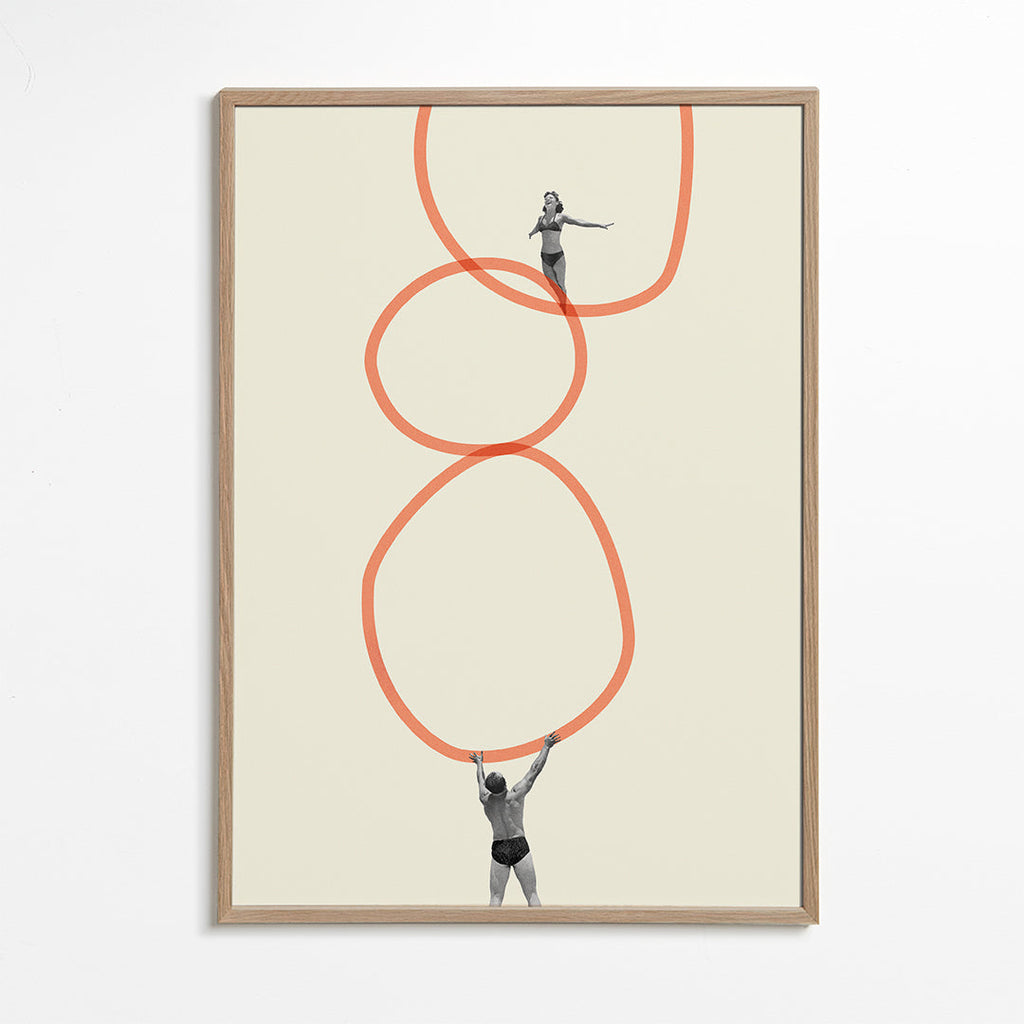 Minimalistisk konst med figurer och orange ringar