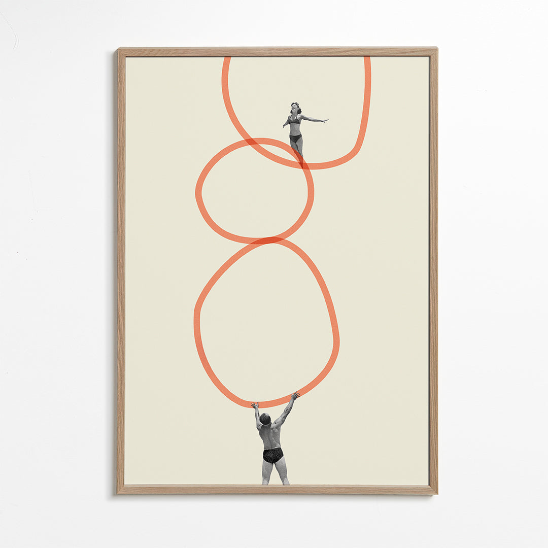 Minimalistisk konst med figurer och orange ringar