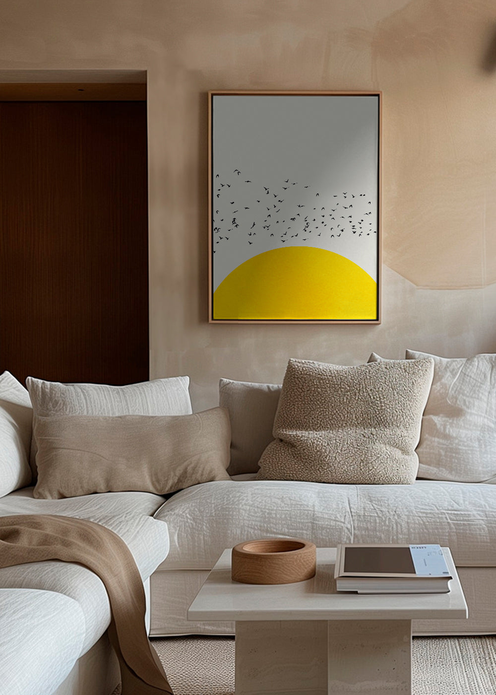 Illustration av flock över minimalistisk sol