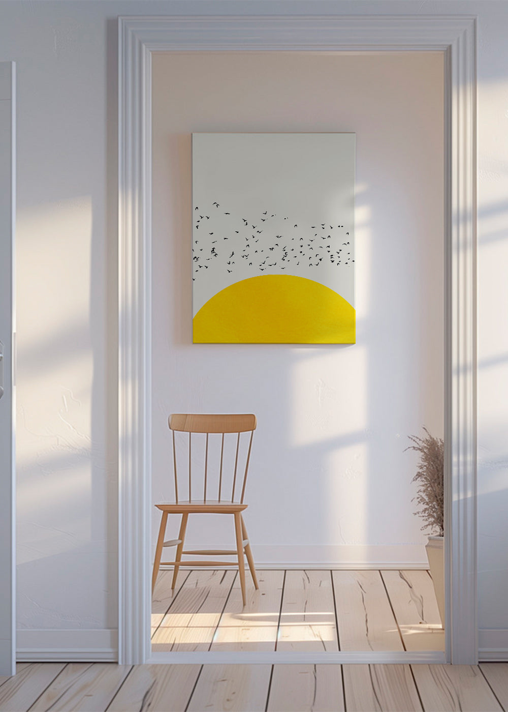 Illustration av flock över minimalistisk sol