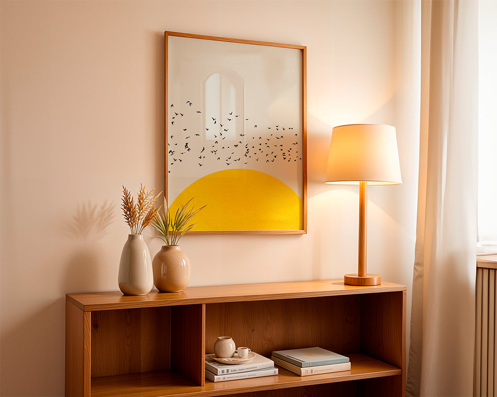 Illustration av flock över minimalistisk sol