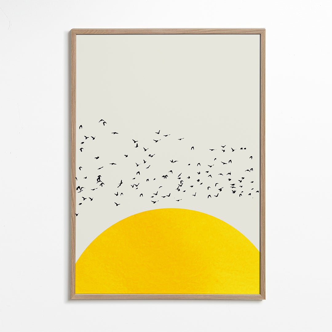 Illustration av flock över minimalistisk sol