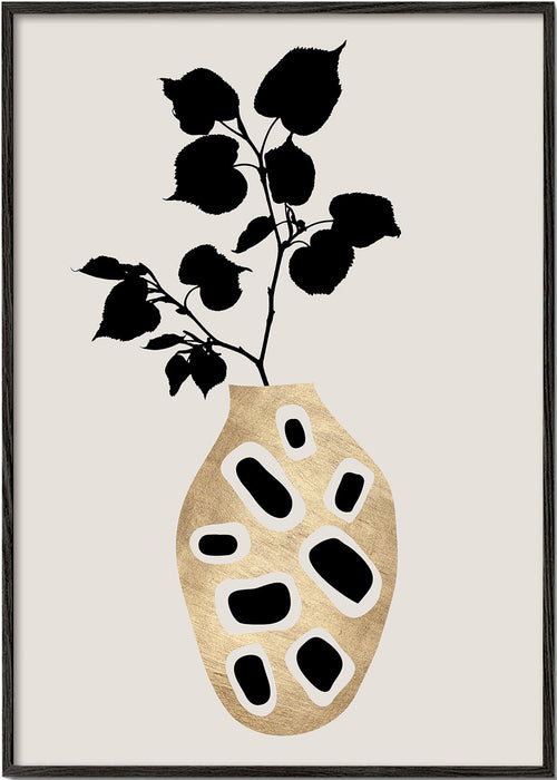 Botaniskt tryck med gyllene vas och silhuettblad