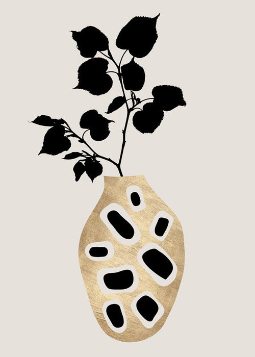 Botaniskt tryck med gyllene vas och silhuettblad