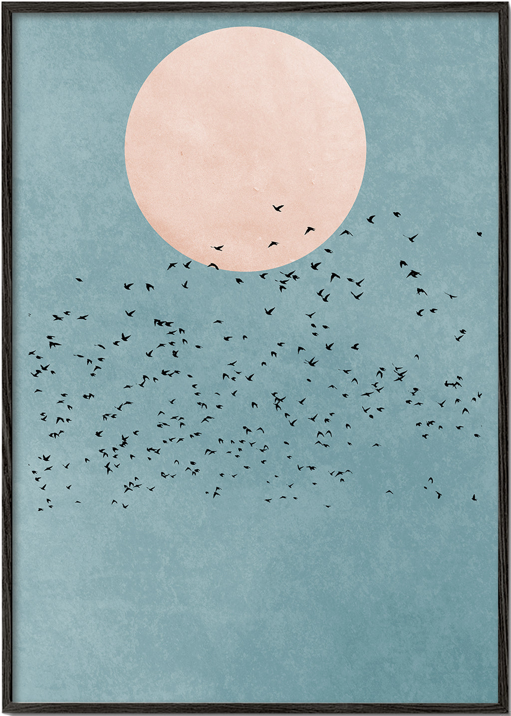 Minimalistisk illustration med rosa måne och flock