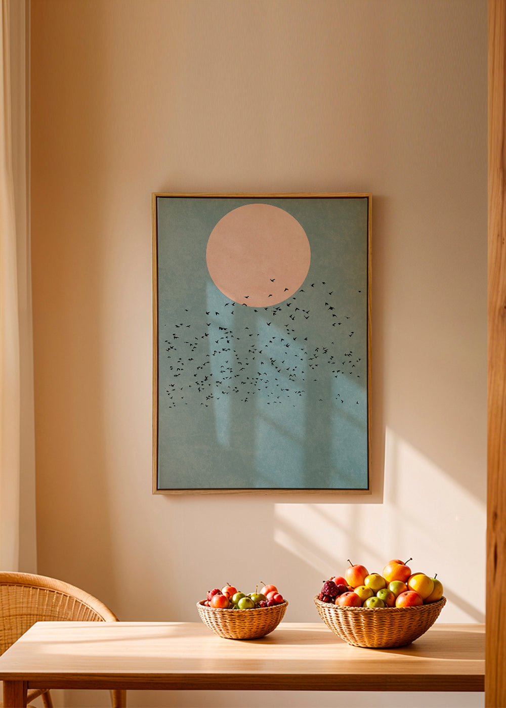 Minimalistisk illustration med rosa måne och flock