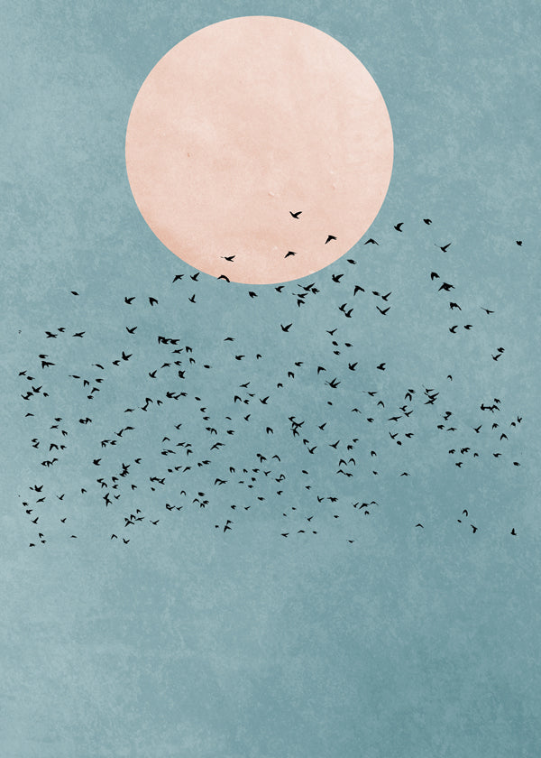 Minimalistisk illustration med rosa måne och flock