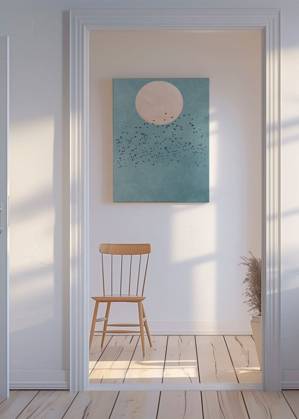 Minimalistisk illustration med rosa måne och flock