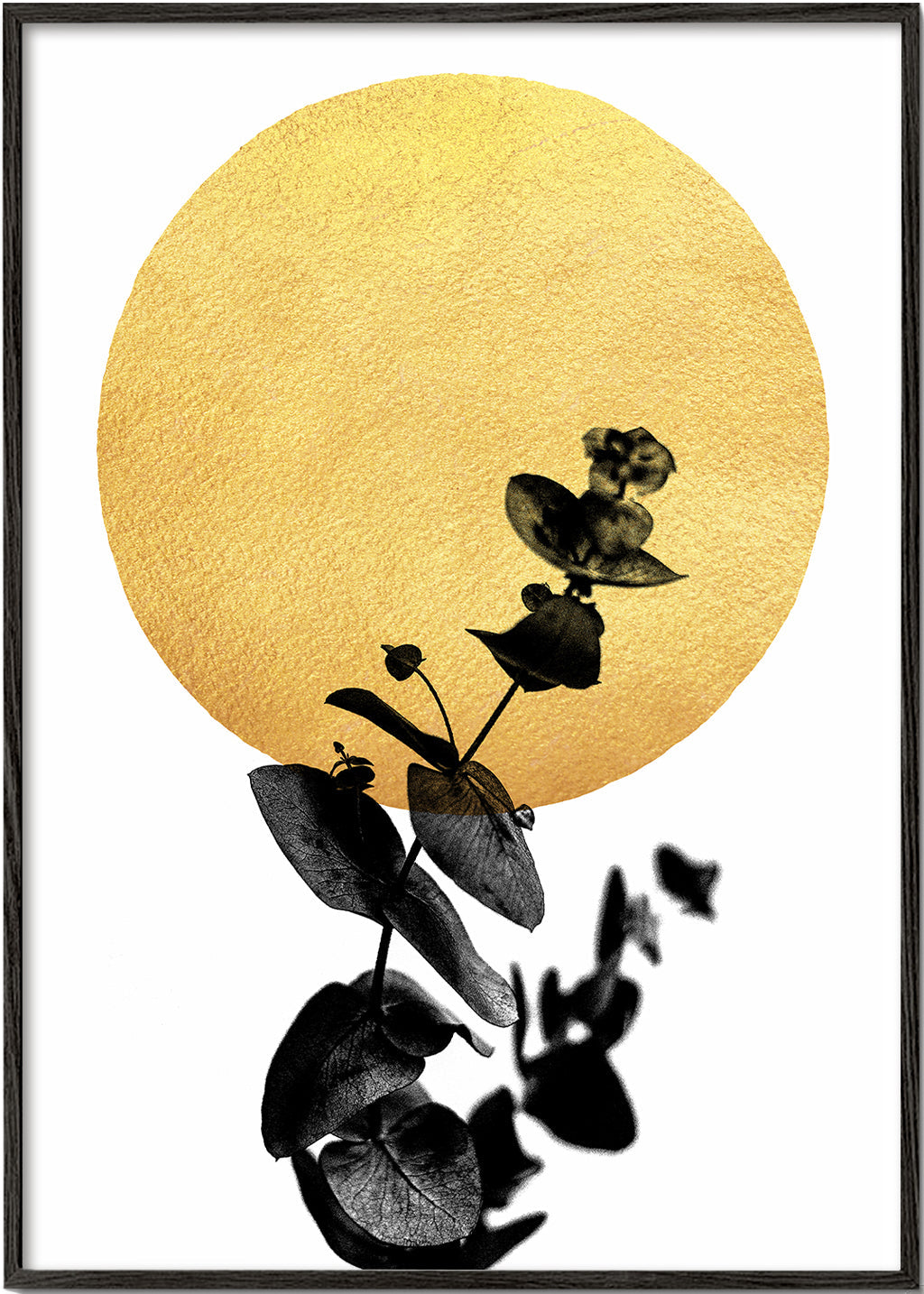 Botanisk poster: blad-siluett och guldsol