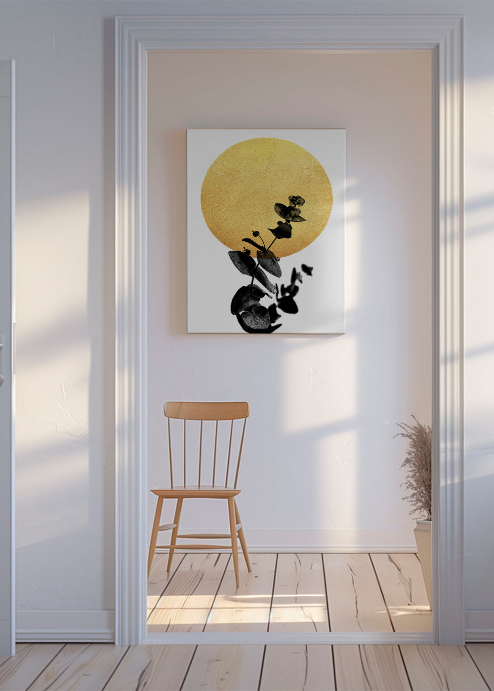 Botanisk poster: blad-siluett och guldsol