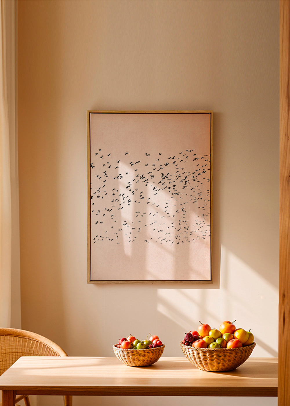 Minimalistisk konst med flock på rosa bakgrund