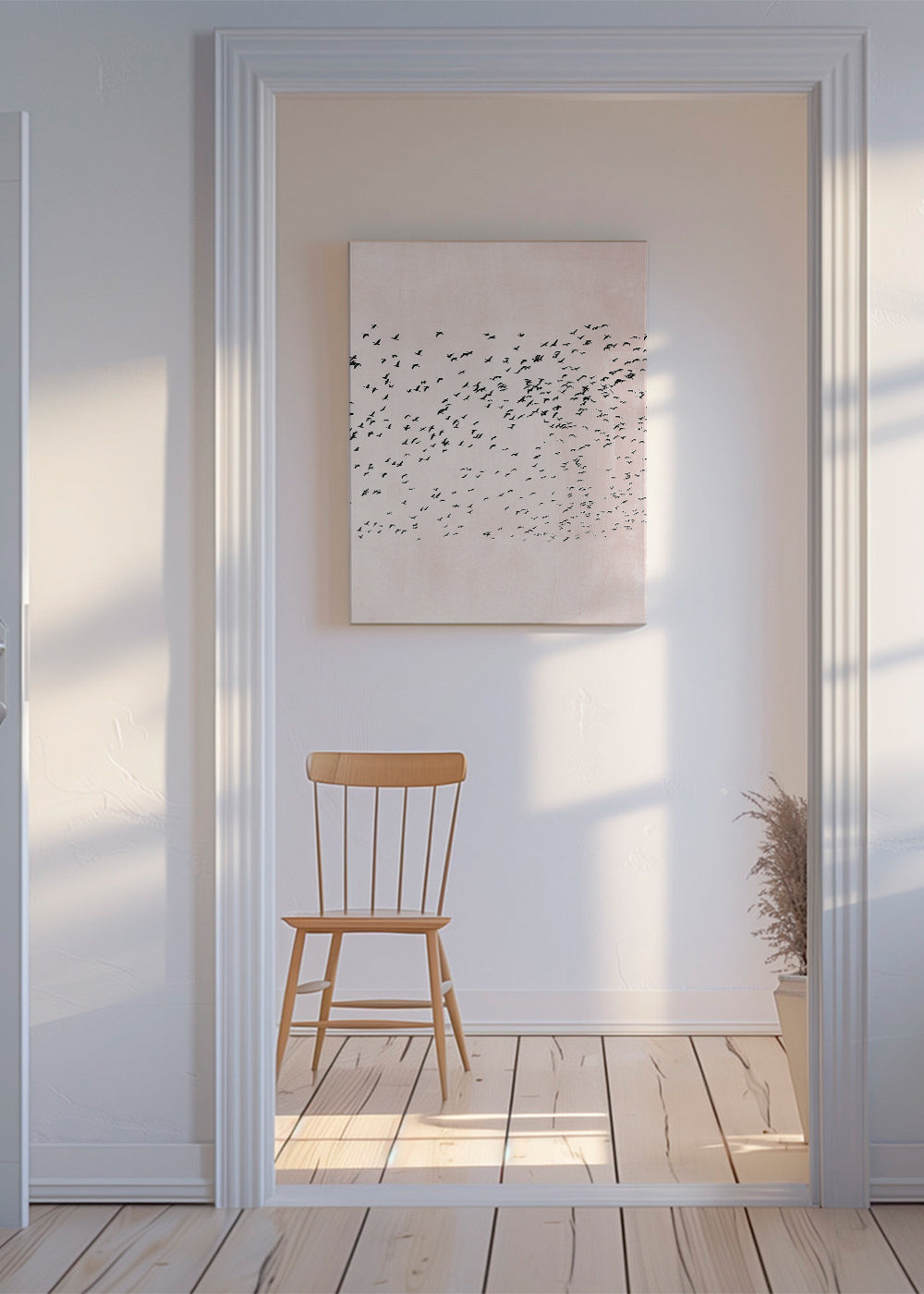 Minimalistisk konst med flock på rosa bakgrund