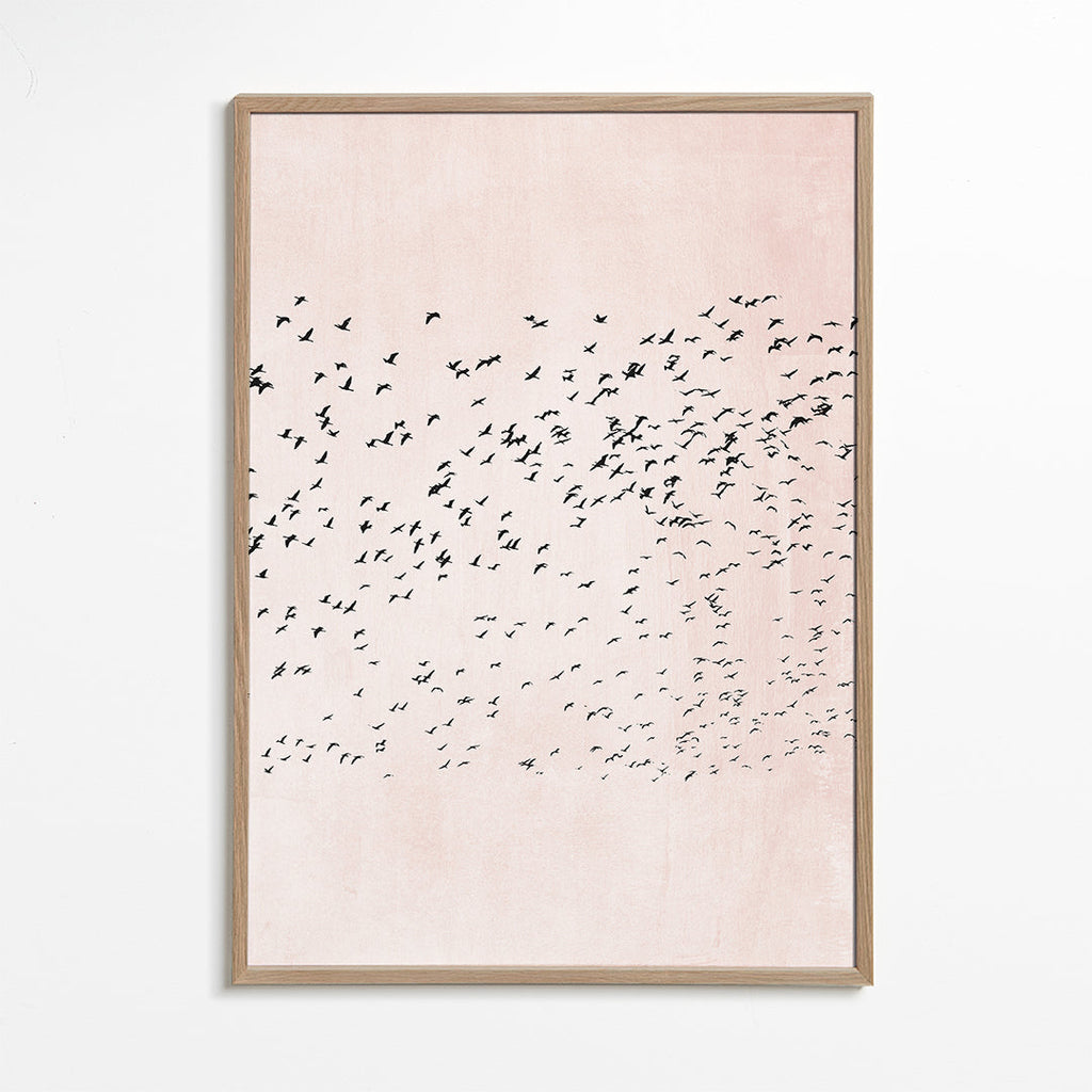 Minimalistisk konst med flock på rosa bakgrund