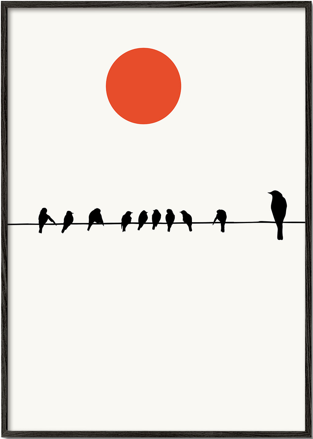 Minimalistisk design fåglar på ledning med röd sol