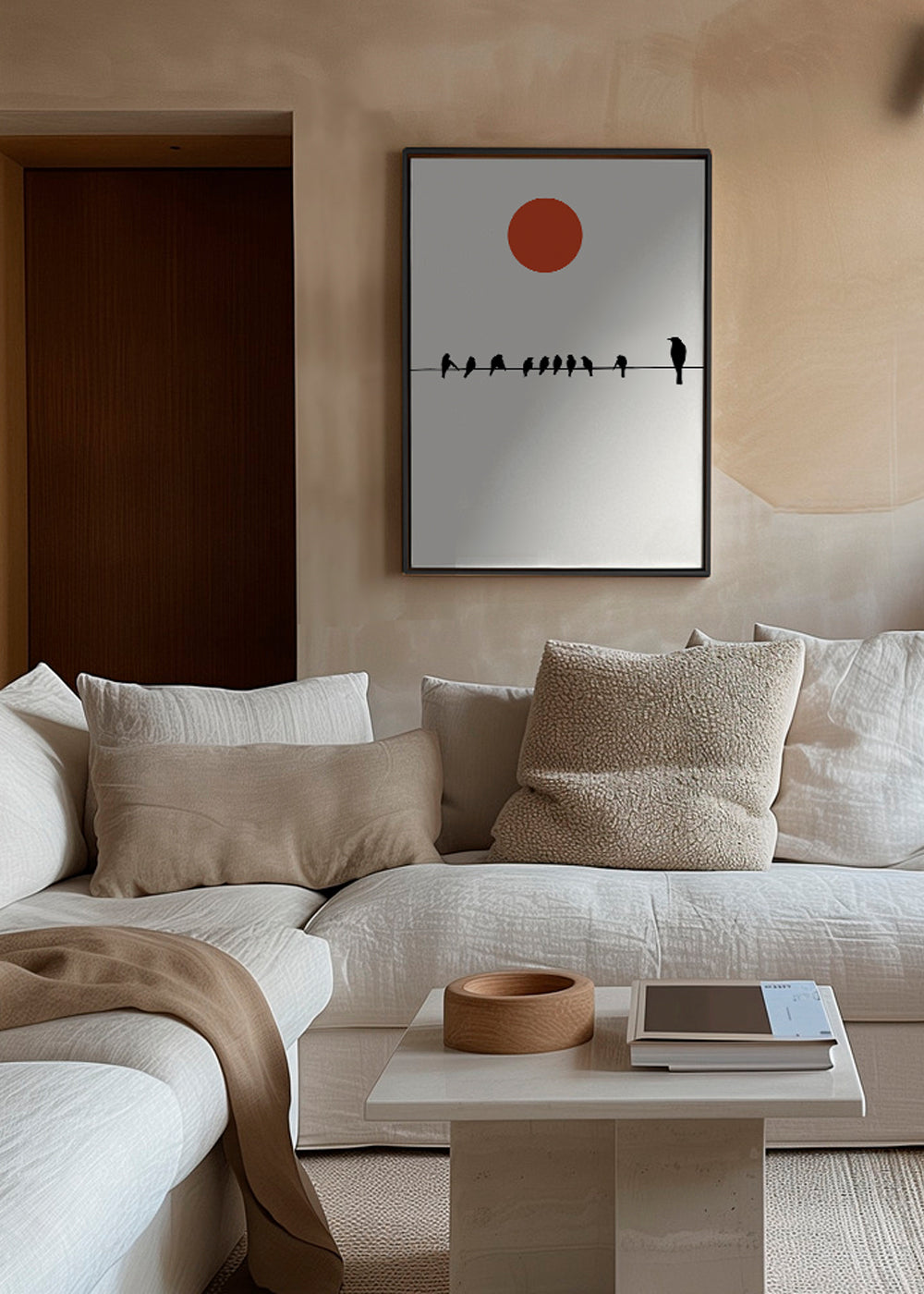 Minimalistisk design fåglar på ledning med röd sol