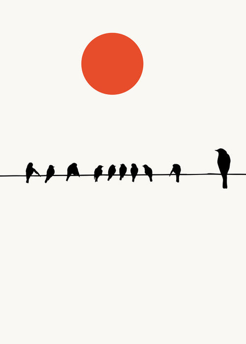 Minimalistisk design fåglar på ledning med röd sol
