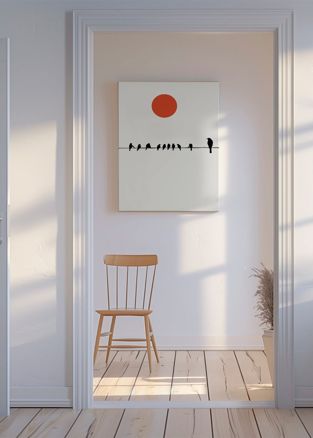 Minimalistisk design fåglar på ledning med röd sol