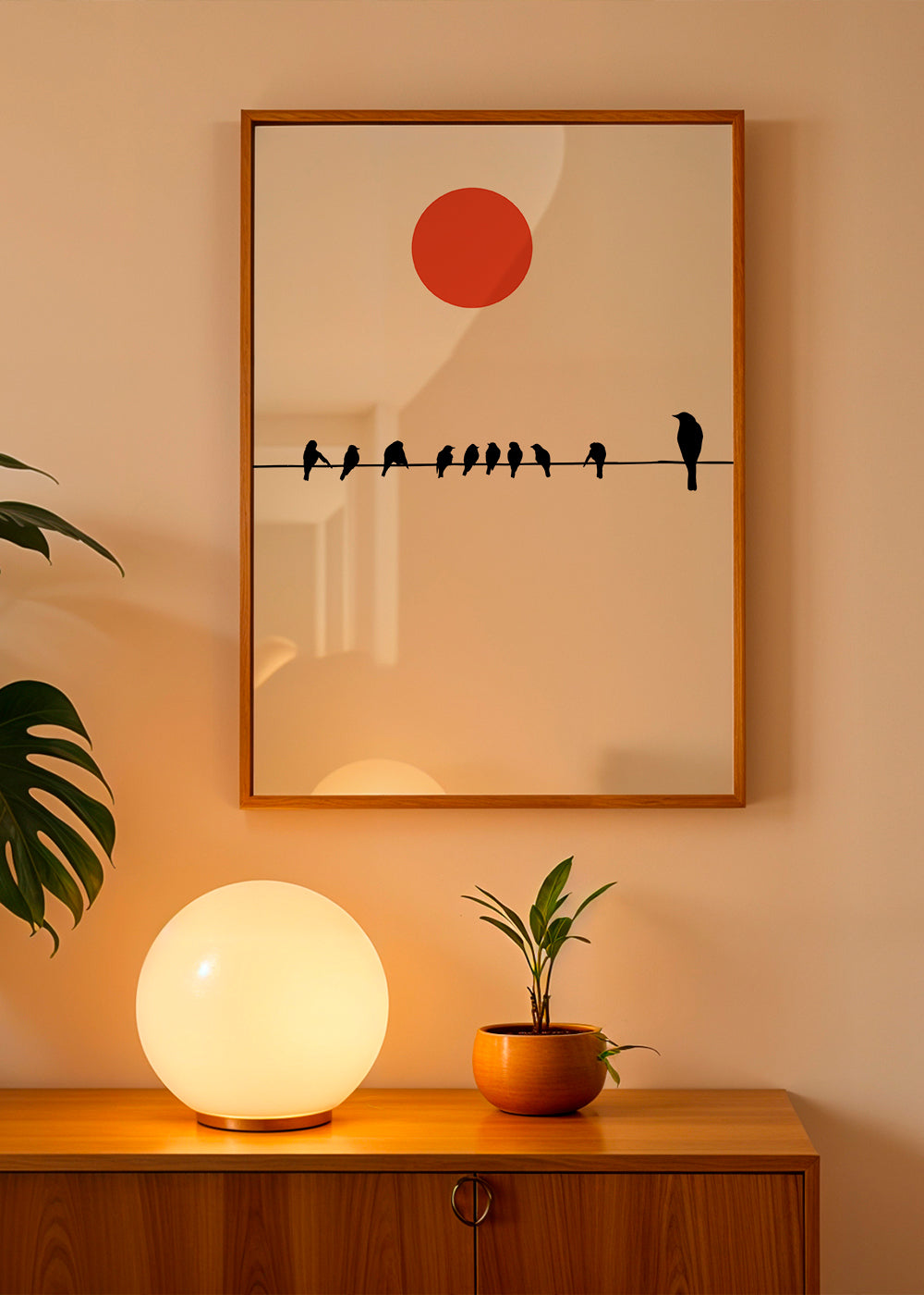 Minimalistisk design fåglar på ledning med röd sol